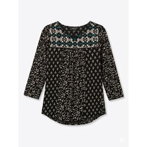 Lucky Brand Women's Small Boho Peasant Blouse Embroidered Black White Teal Top